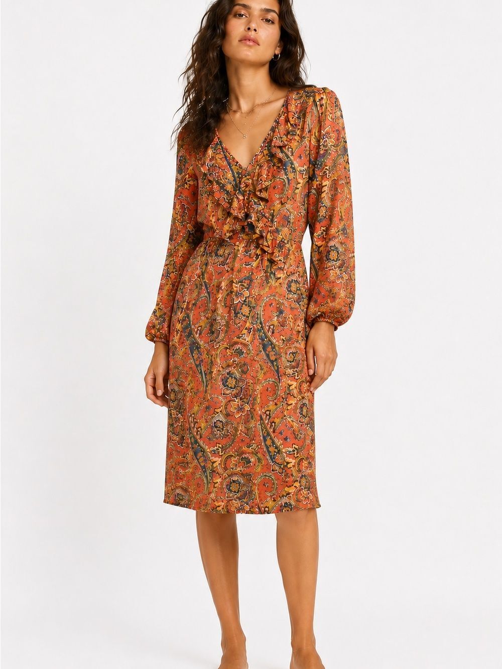 Land’s End Vintage-Inspired Silk Orange Paisley Ruffle V-Neck Knee Length Dress